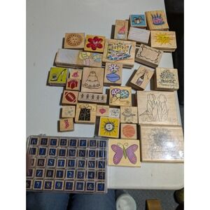 Lot Of 33 Rubber Stamps On Wood Flowers Christmas Special Occasion Lettering